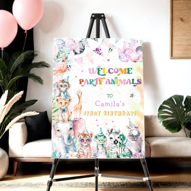 Modern Party Cute Animals Girl Birthday Welcome Foam Board (Creator Uploaded)