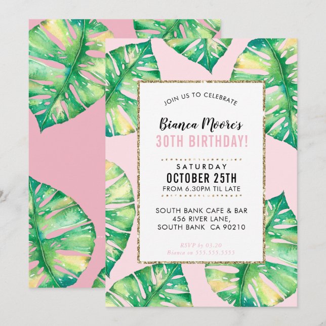 MODERN PARTY INVITE tropical monstera leaves (Front/Back)