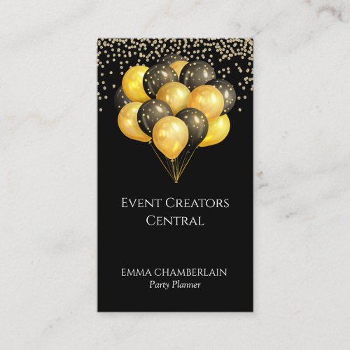 Modern Party Planner Gold Black Balloons Black Business Card