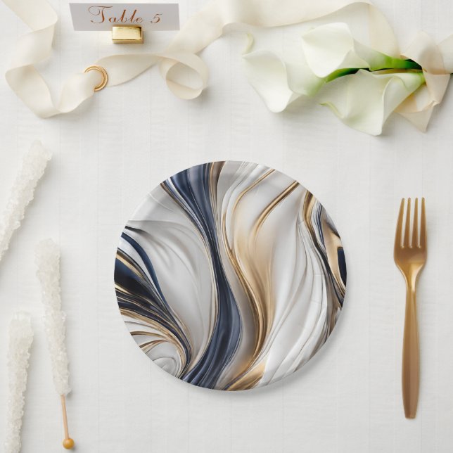 Modern Party Supplies-Blue White and Gold- Paper Plates (Wedding)