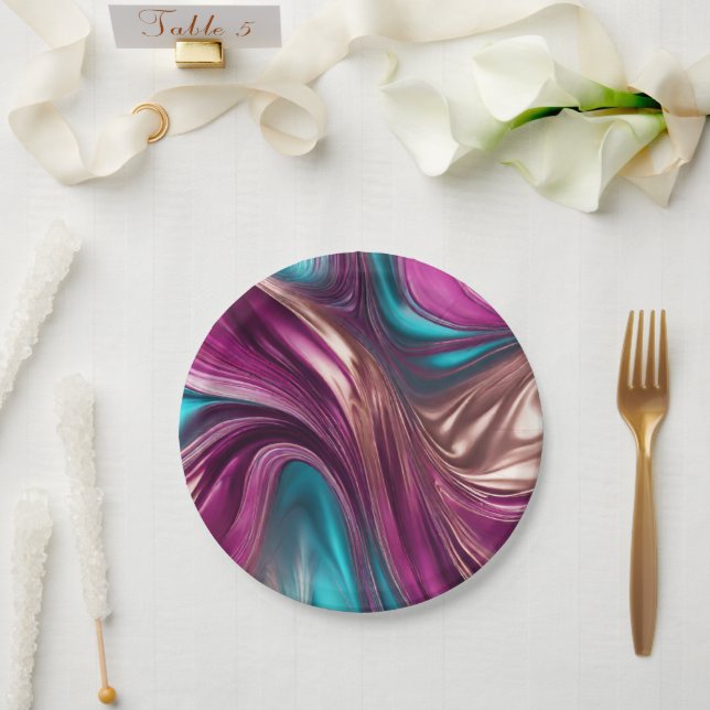 Modern Party Supplies-Magenta Turquoise Gold- Paper Plates (Wedding)