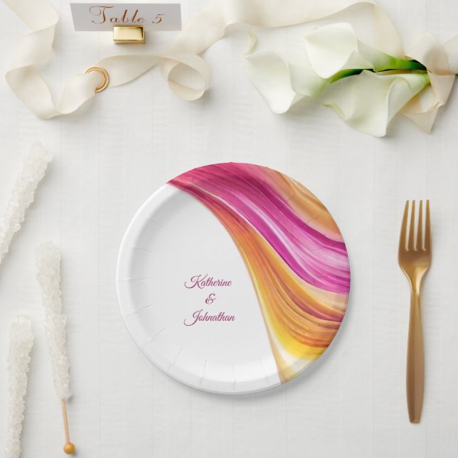 Modern Party Supplies-Pink Orange Yellow- Paper Plates (Wedding)