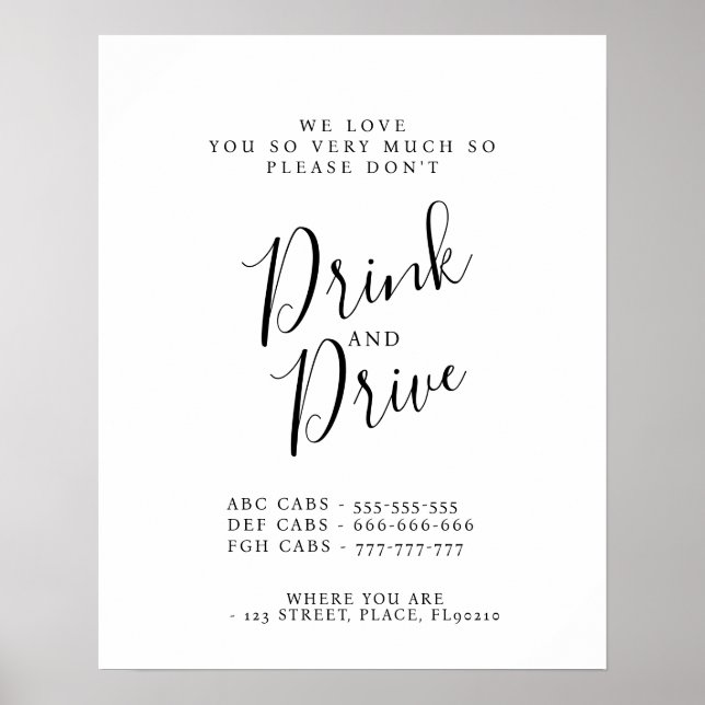 Modern party Taxis don't drink and drive sign (Front)