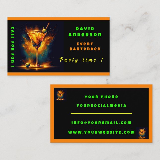 Modern Party Time Neon Personalized Professional Business Card (Front/Back)