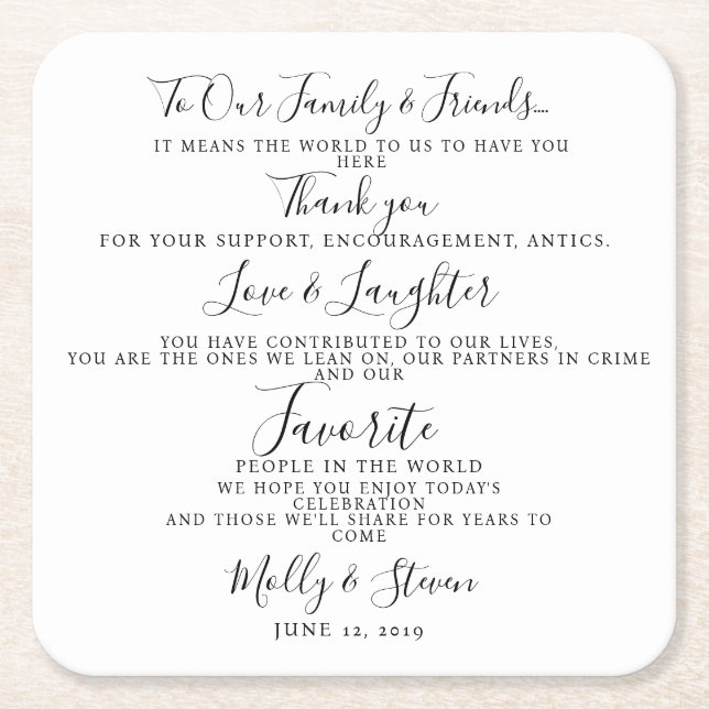 Modern party/wedding Thank you Square Paper Coaster (Front)