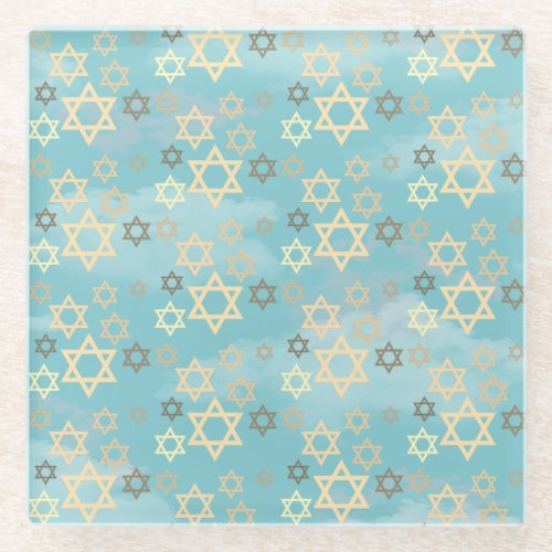 Modern Passover Blue Sky Stars of David Glass Coaster