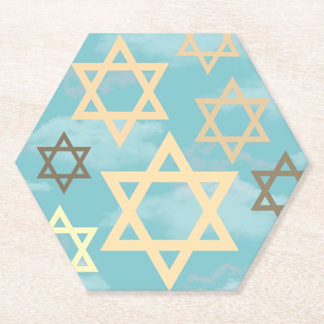 Modern Passover Blue Sky Stars of David Paper Coaster (Front)