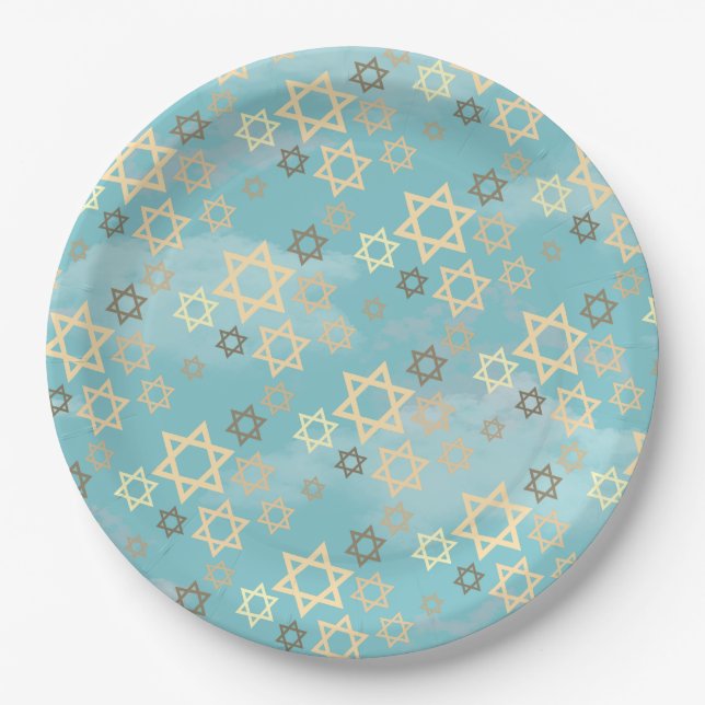 Modern Passover Blue Sky Stars of David Paper Plates (Front)