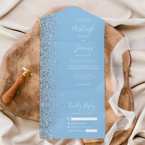 Modern Pastel Baby Blue Silver Glitter Wedding All In One Invitation
