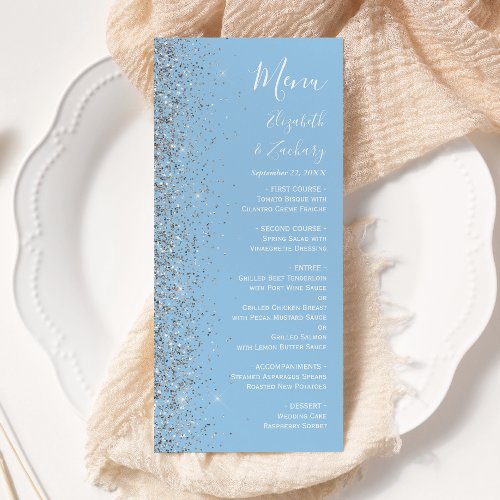 Modern Pastel Baby Blue Silver Glitter Wedding Menu