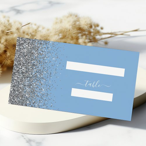 Modern Pastel Baby Blue Silver Glitter Wedding Place Card