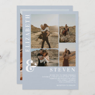 Modern pastel blue ampersand 5 photo grid wedding invitation