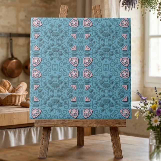 Modern Pastel Blue and Pink Floral Damask Ceramic Tile (Creator Uploaded)