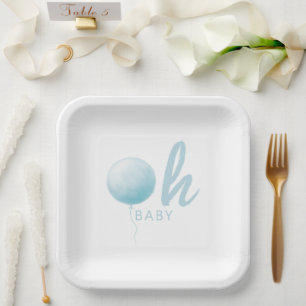 Modern Pastel Blue Balloon Baby Boy Shower Party Paper Plates