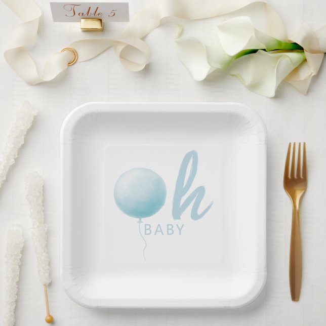 Modern Pastel Blue Balloon Baby Boy Shower Party Paper Plates (Wedding)