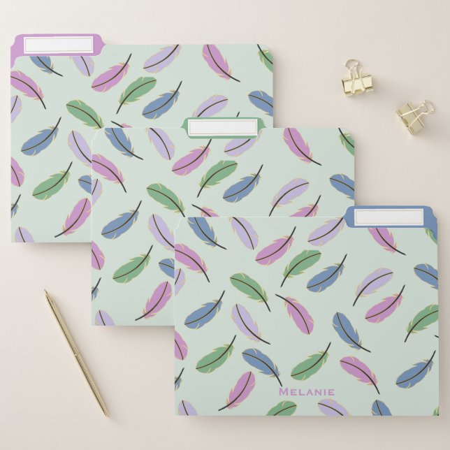Modern Pastel Blue Feathers Pattern Personalised File Folder (Set)