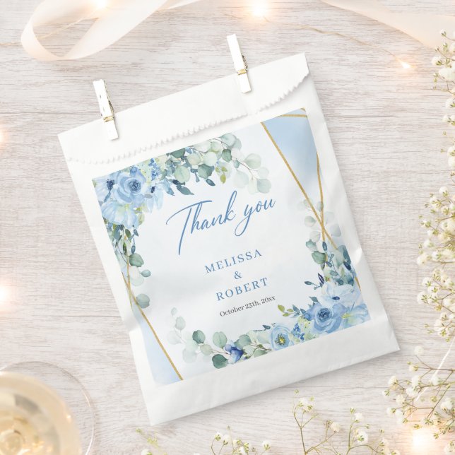 Modern pastel blue flowers eucalyptus gold frame  favor bag (Clipped)
