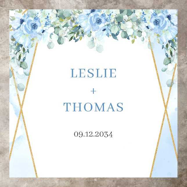 Modern pastel blue flowers eucalyptus gold wedding floor decals (Insitu)