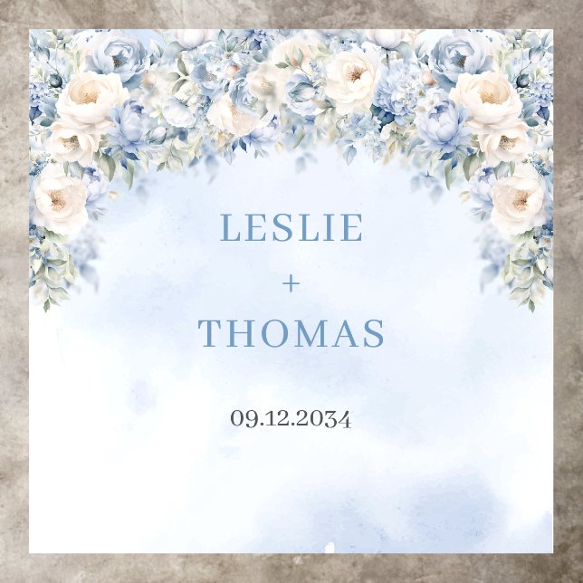 Modern pastel blue flowers eucalyptus wedding floor decals (Insitu)