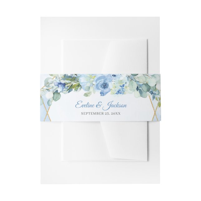Modern pastel blue flowers gold frame eucalyptus invitation belly band (Front Example)