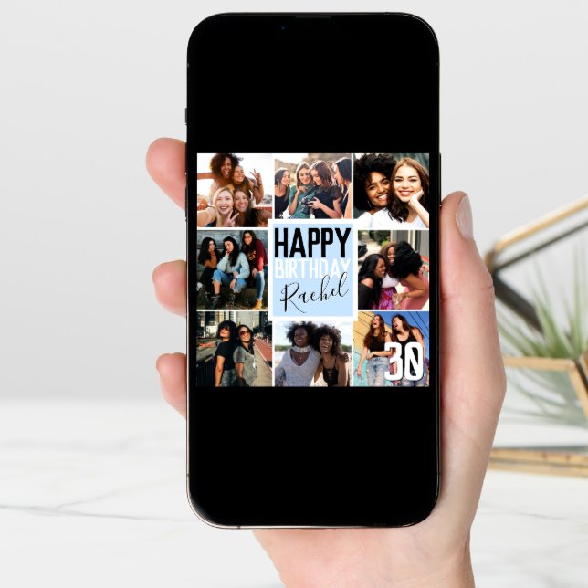 Modern Pastel Blue Friends Photo Collage Birthday Card (Front Digital)