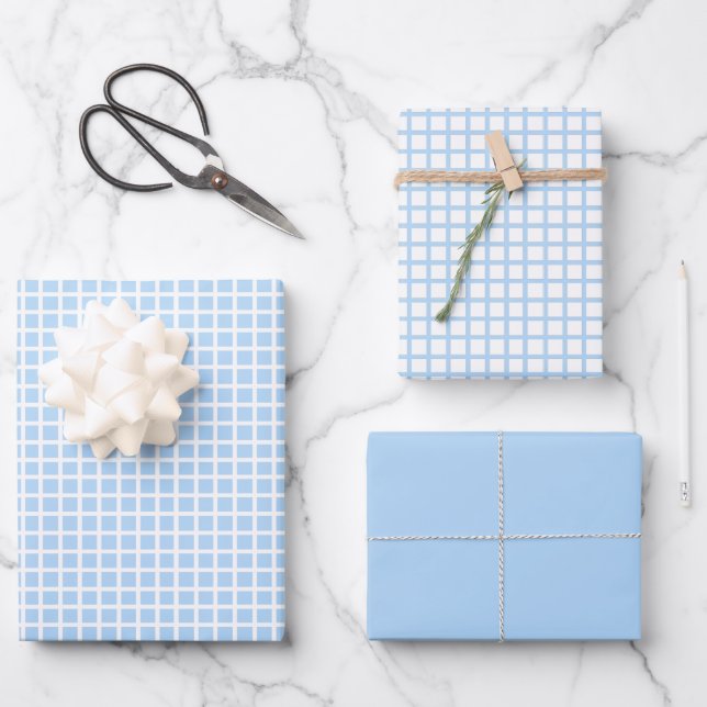 Modern Pastel Blue Gingham Wrapping Paper Sheets (Front)
