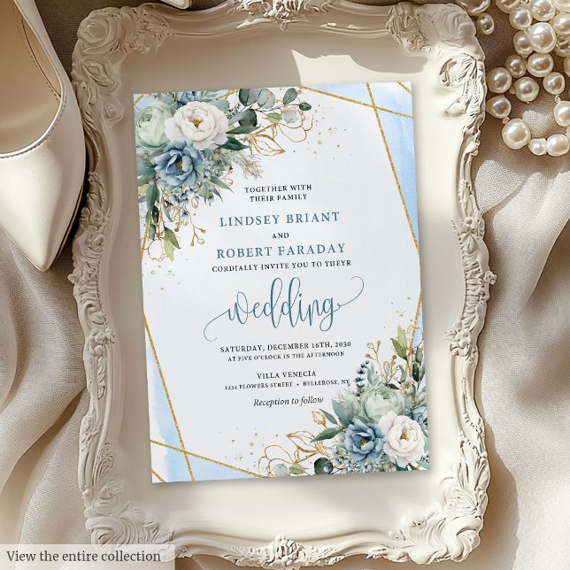 Modern Pastel Blue Gold Peonies Wedding Invitation (Modern Pastel Blue Gold Peonies Wedding Invitation)