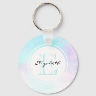 Modern Pastel Blue & Purple Watercolor Monogram Keychain