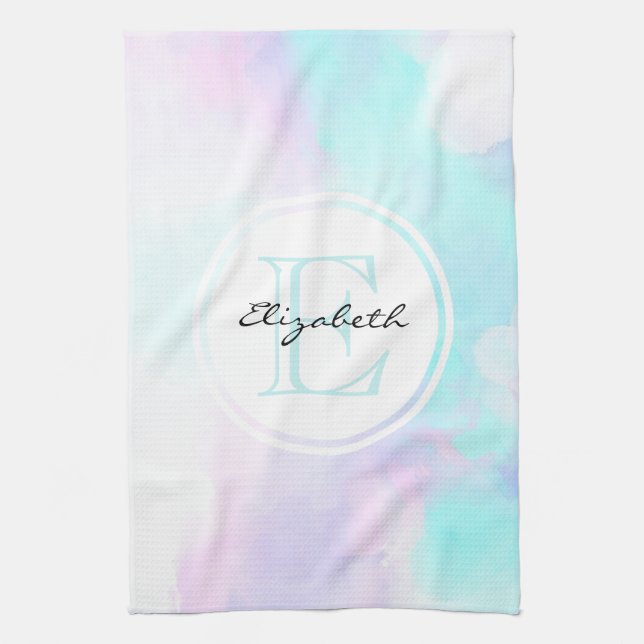 Modern Pastel Blue & Purple Watercolor Monogram Kitchen Towel (Vertical)