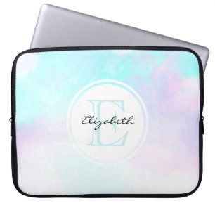 Modern Pastel Blue & Purple Watercolor Monogram Laptop Sleeve