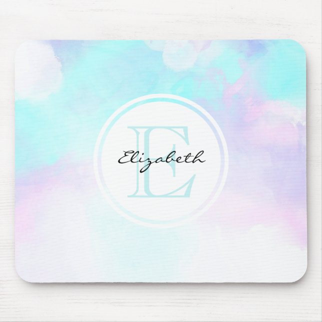 Modern Pastel Blue & Purple Watercolor Monogram Mouse Pad (Front)
