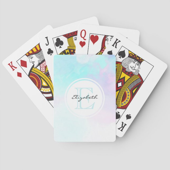 Modern Pastel Blue & Purple Watercolor Monogram Poker Cards (Back)