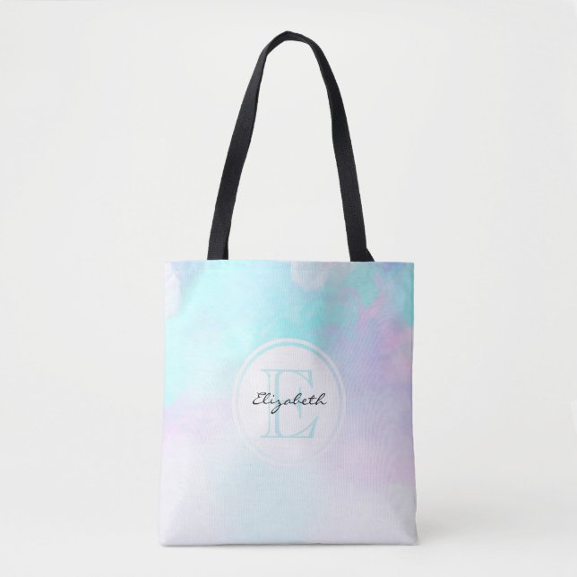 Modern Pastel Blue & Purple Watercolor Monogram Tote Bag (Front)
