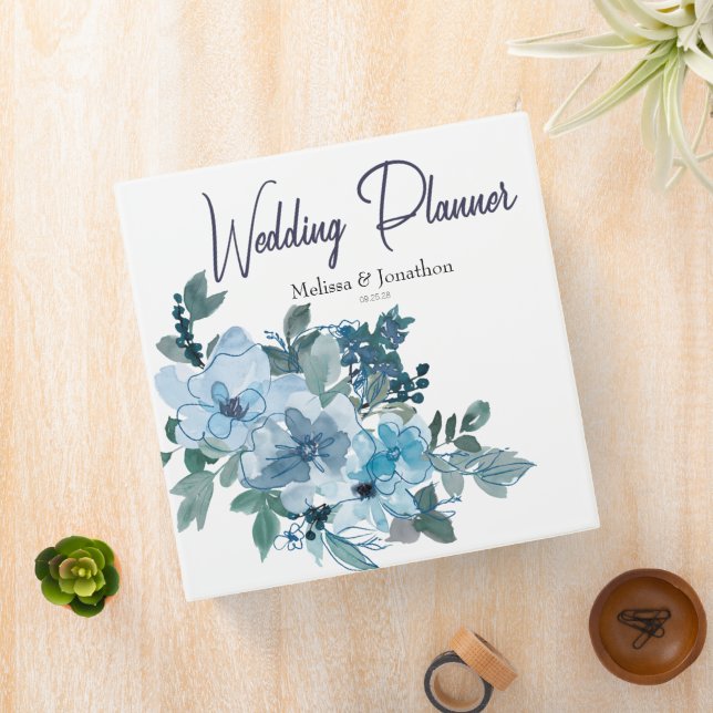 Modern Pastel Blue Roses Floral Wedding Planner 3 Ring Binder (In Situ)