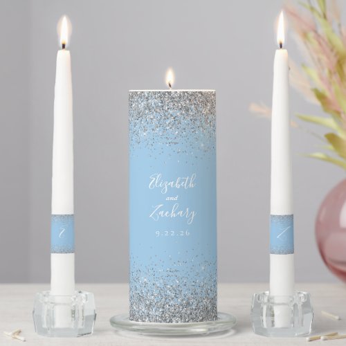 Modern Pastel Blue Silver Glitter Edge Unity Candle Set