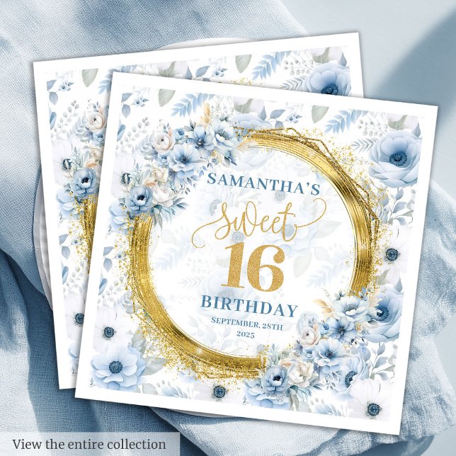 Modern Pastel Blue Sweet 16 Gold Glitter Party  Napkins (Modern Pastel Blue Sweet 16 Gold Glitter Party Napkins)