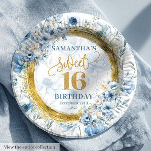 Modern Pastel Blue Sweet 16 Gold Glitter Party Paper Plates