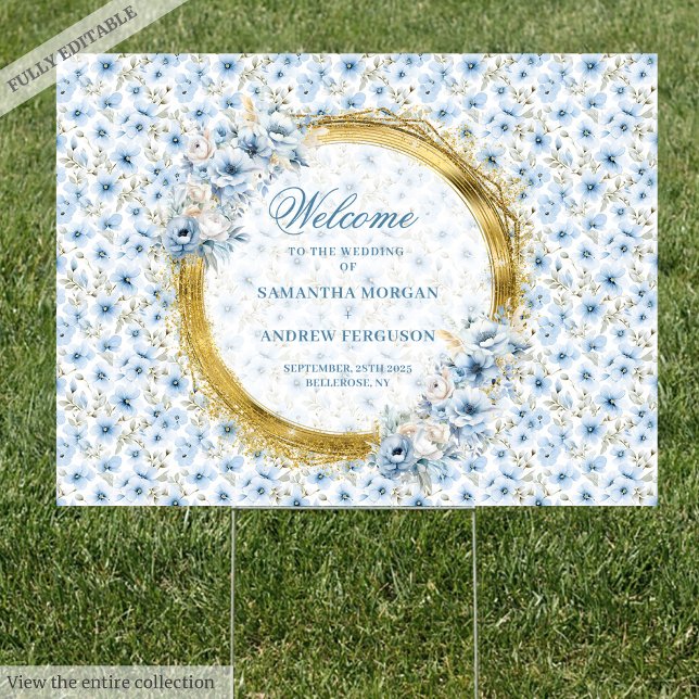 Modern pastel blue watercolor gold wedding yard  sign (Modern pastel blue watercolor gold wedding yard Sign)