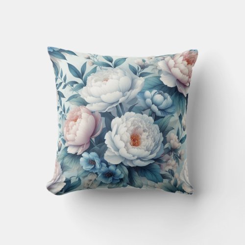 Modern pastel blue white peonies flowers throw pillow