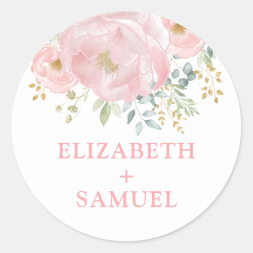 Modern Pastel Blush Pink Floral Greenery Wedding Classic Round Sticker