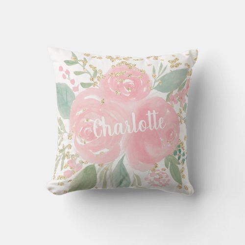 Modern pastel blush pink gold floral monogram throw pillow