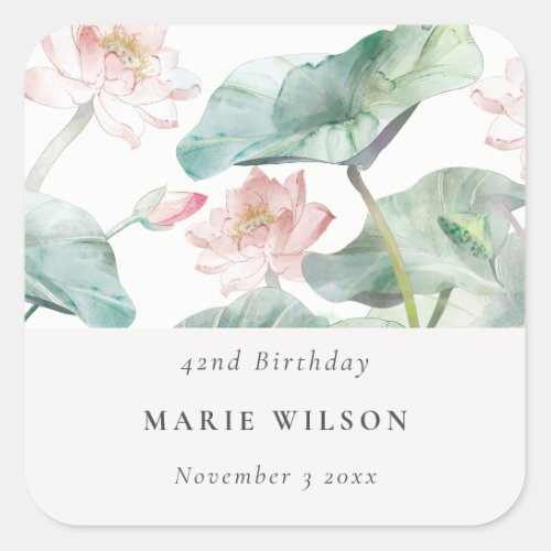 Modern Pastel Blush Waterlily Any Age Birthday Square Sticker