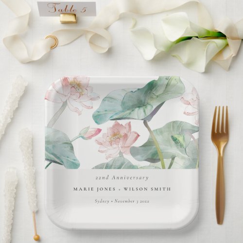 Modern Pastel Blush Waterlily Any Year Anniversary Paper Plates