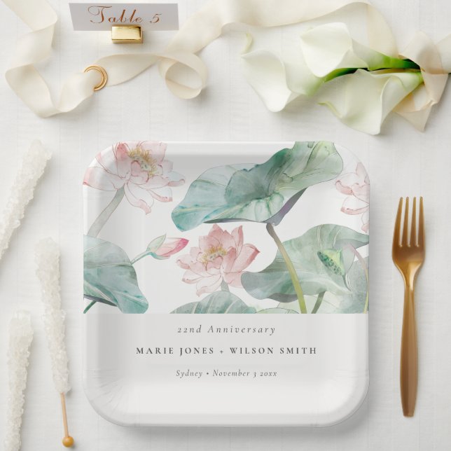 Modern Pastel Blush Waterlily Any Year Anniversary Paper Plates (Wedding)