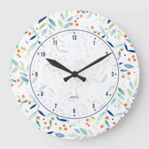 Modern Pastel Botanical Leafs & Berries Pattern Large Clock