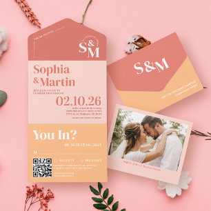 Modern Pastel Bright Peach and Coral Photo Wedding All In One Invitation