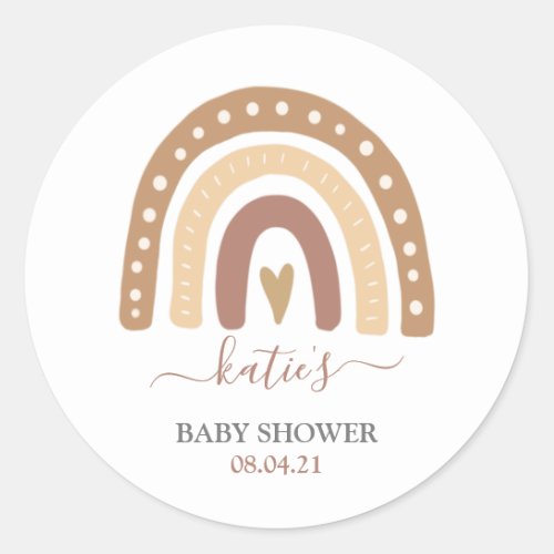 Modern Pastel Brown Rainbow Boho Baby Shower Classic Round Sticker