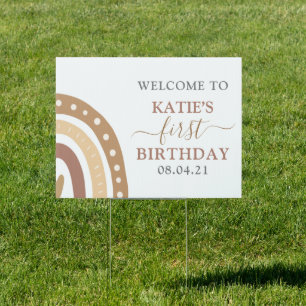 Modern Pastel Brown Rainbow First Birthday Welcome Sign