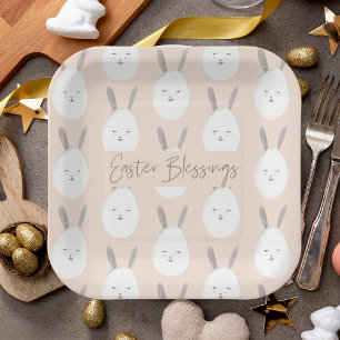 Modern Pastel Bunny Egg Pattern Easter Blessings Paper Plates