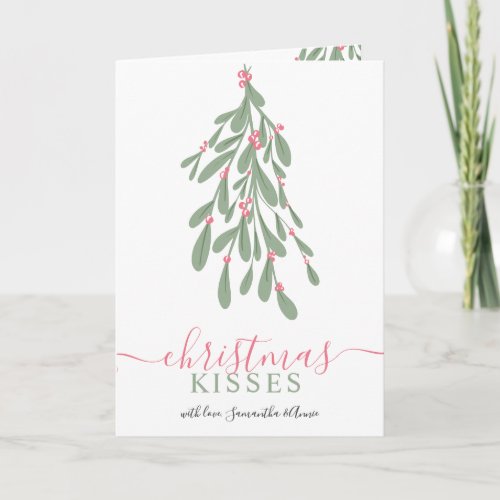Modern pastel Christmas kisses mistletoe 2 photos Card